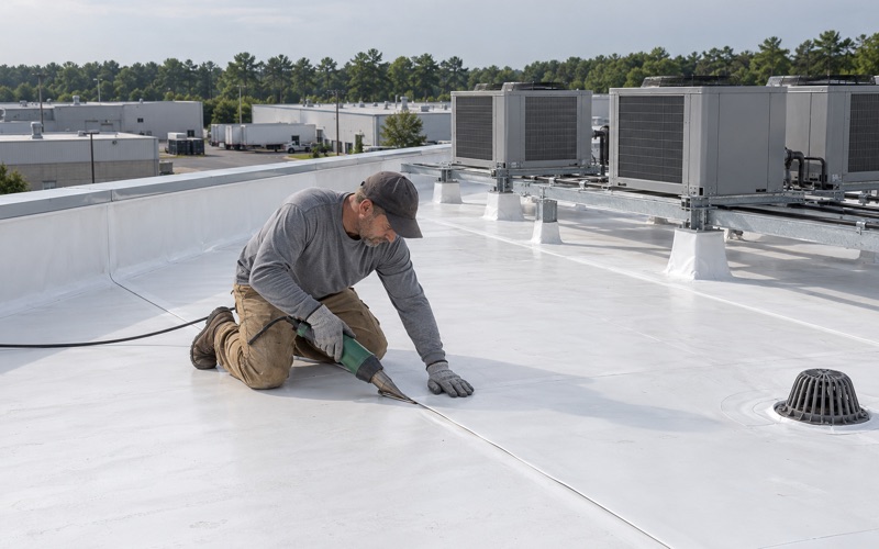 A seam heat-welded in a new white TPO membrane on the flat roof of a one-story food-processing building in Vineland.