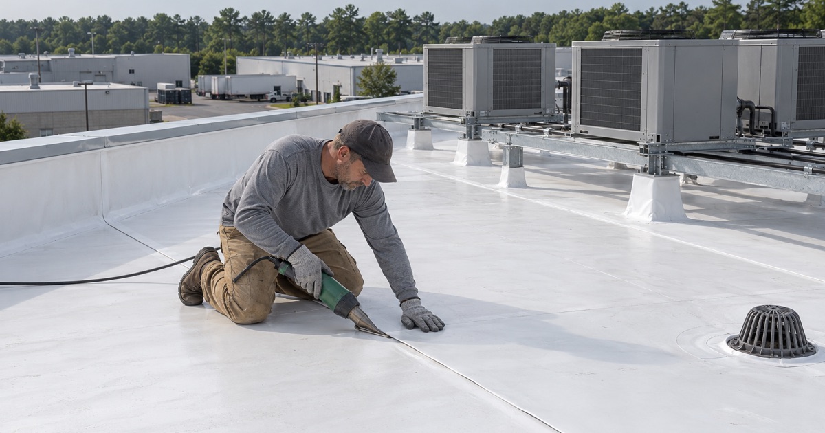 A seam heat-welded in a new white TPO membrane on the flat roof of a one-story food-processing building in Vineland.
