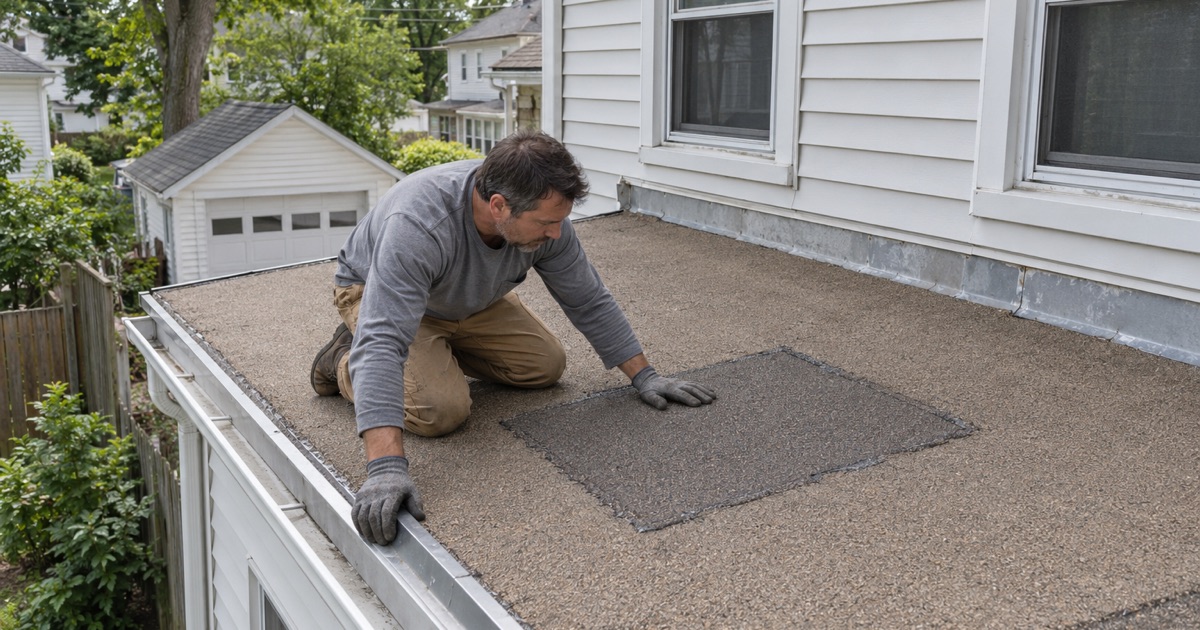 A patch of granulated cap sheet pressed over a split in the flat roof of a rear kitchen extension on an older Vineland house.