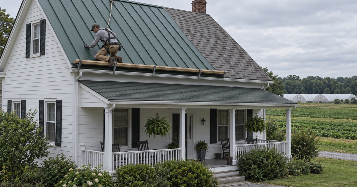 Dark green standing-seam steel panels going onto a 1940s farmhouse at the edge of Vineland’s farm fields.
