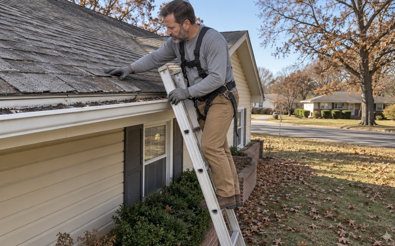 A roofer at eave height on a ladder checking curled, worn shingles on a 1970s Vineland ranch, granules collected in the gutter.