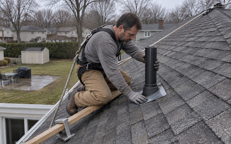 A new pipe boot fitted around a plumbing vent on a Vineland bi-level, lapped into the shingle courses to stop a leak.