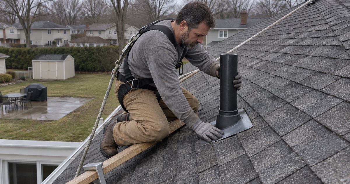 A new pipe boot fitted around a plumbing vent on a Vineland bi-level, lapped into the shingle courses to stop a leak.