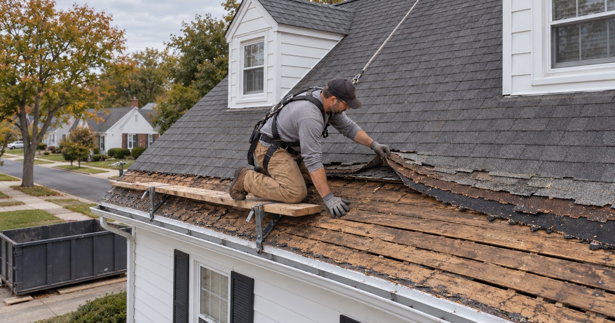 Three layers of old shingles exposed at the eave of a 1950s cape in Bellmawr during a tear-off, lying over the original board deck.