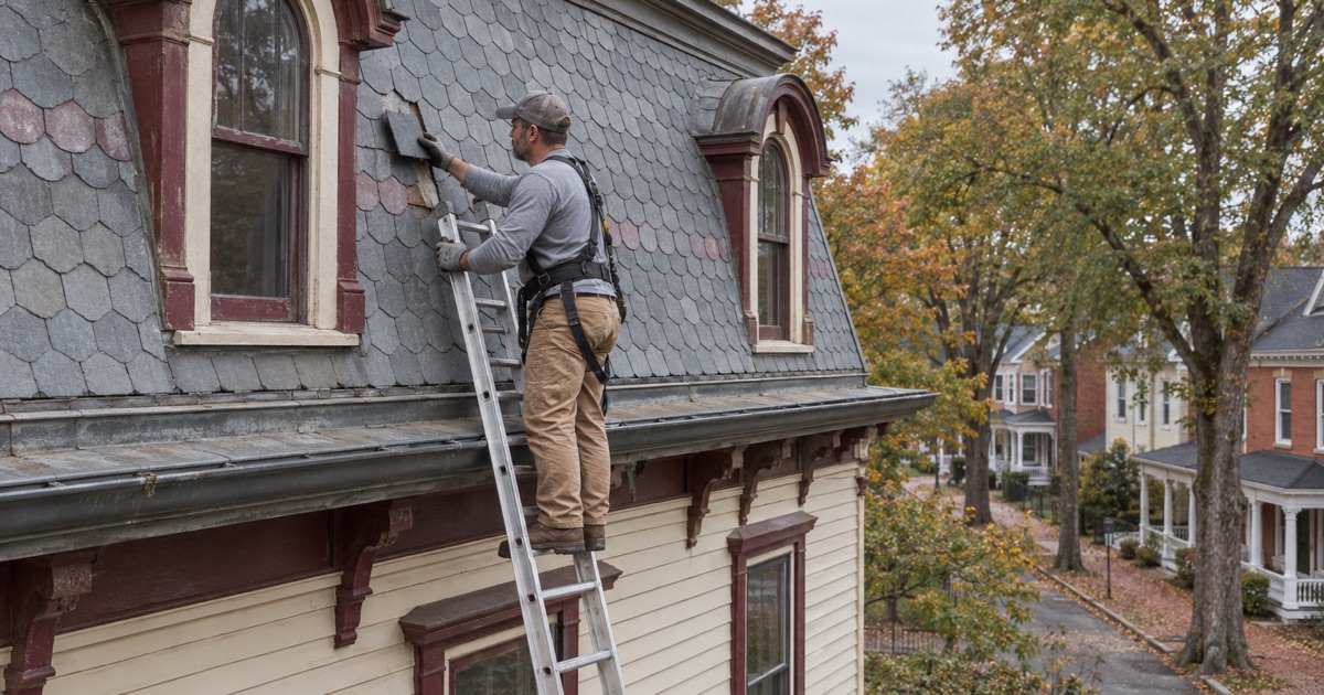 A slate set back into the steep lower face of a mansard roof on an 1880s house in Bridgeton.