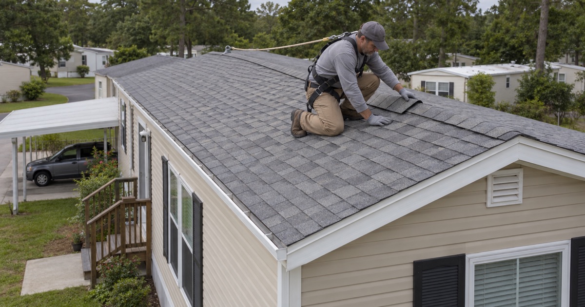 A roofer laying the ridge cap on the low peaked shingle roof of a multisection manufactured home in Buena Vista Township.
