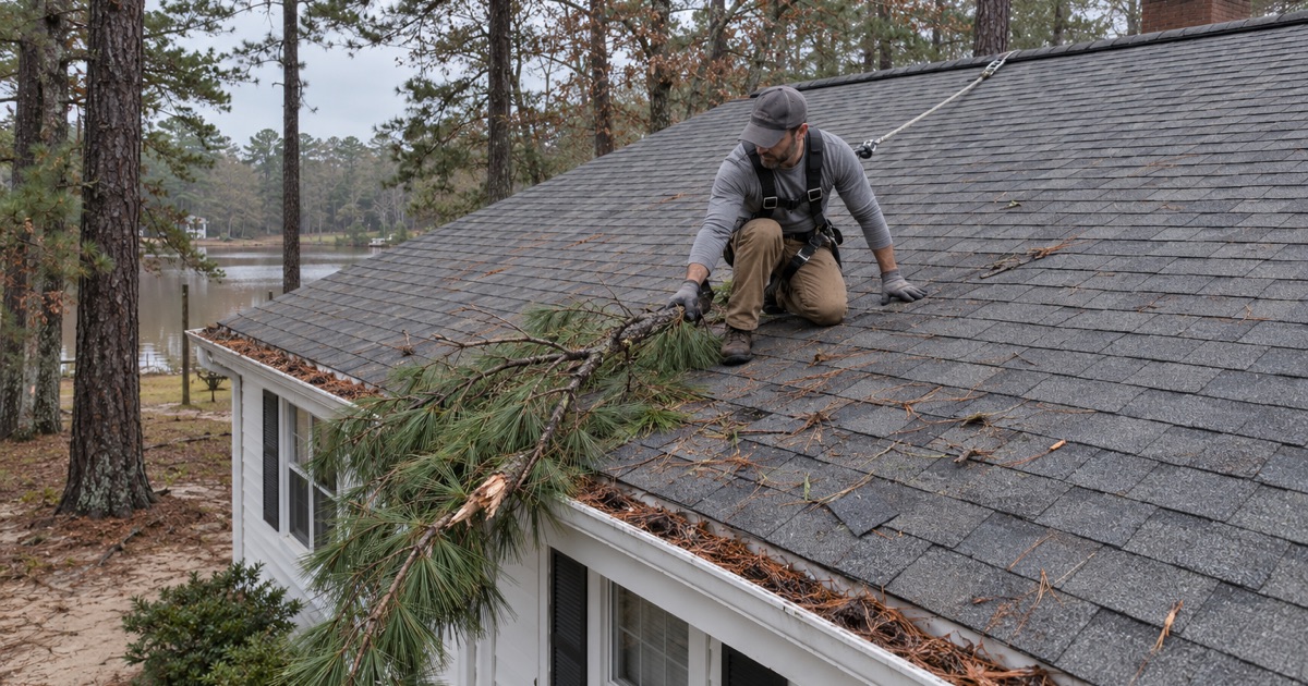 A roofer dragging a storm-broken pine branch off the roof of a small 1950s ranch in Collings Lakes, pine woods all around.