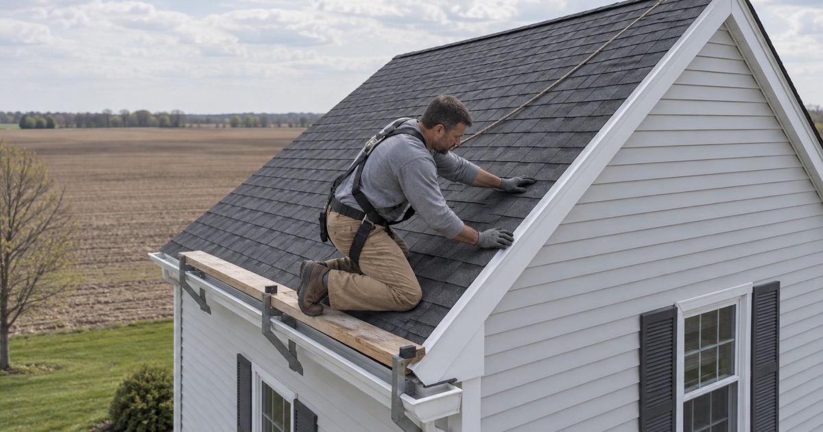 A roofer fastening the rake edge of a new roof on a house beside open farm fields in Franklin Township, Gloucester County.