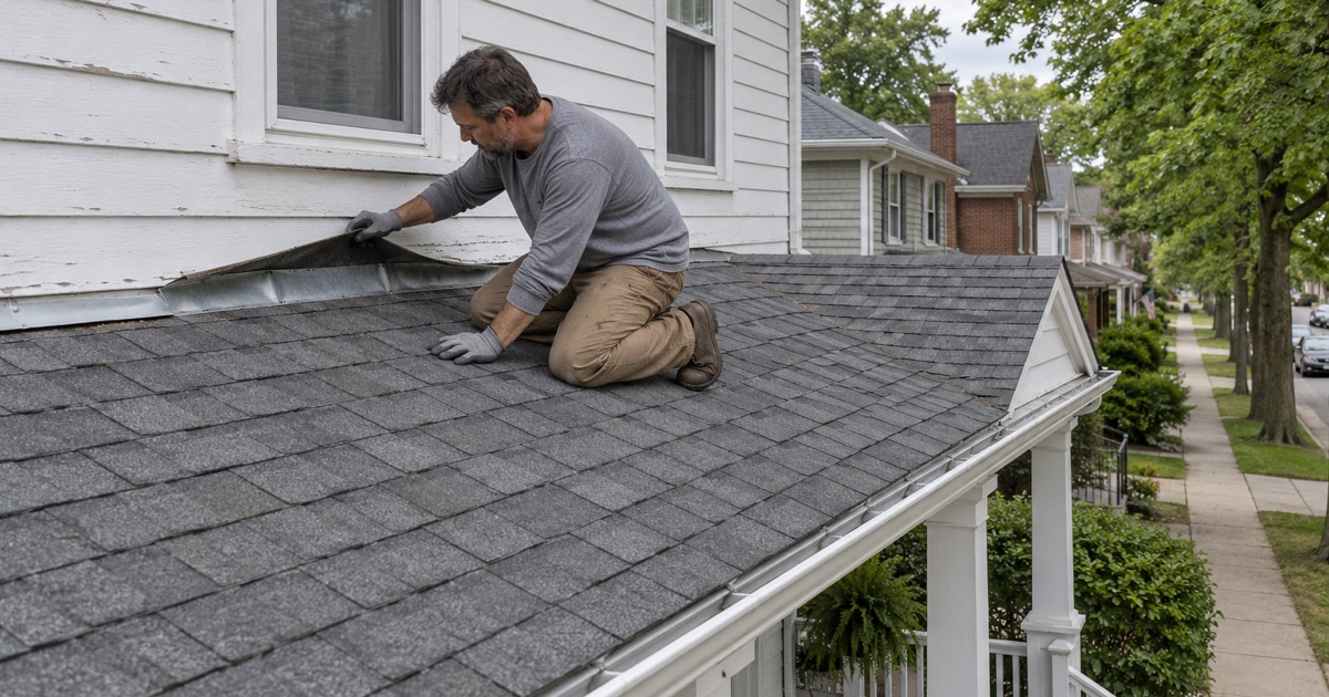 Flashing exposed at the porch roof tie-in on an older village house in Franklinville
