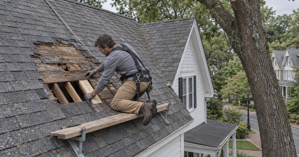New deck boards fitted under a big old oak on a pre-1940 Haddonfield house, after the shingles were opened where a limb came down.