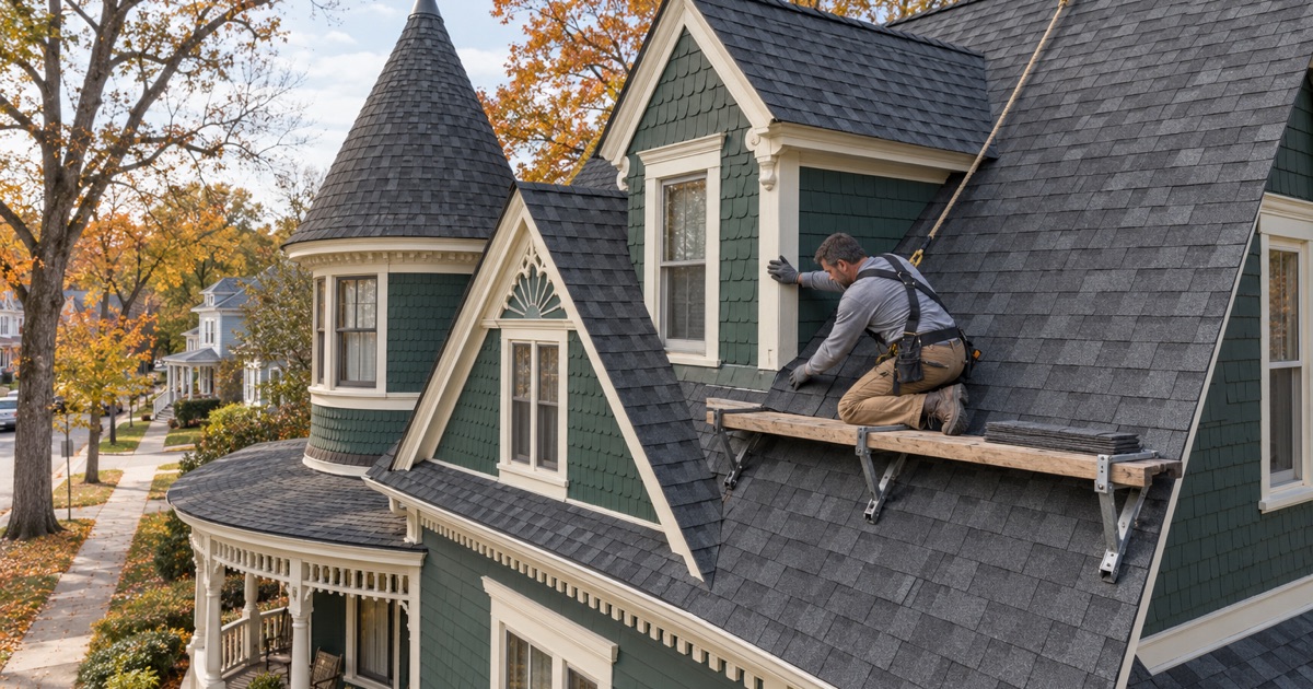 A roofer working shingles into the valley beside a front dormer on a Queen Anne house in Hammonton, its corner tower behind.
