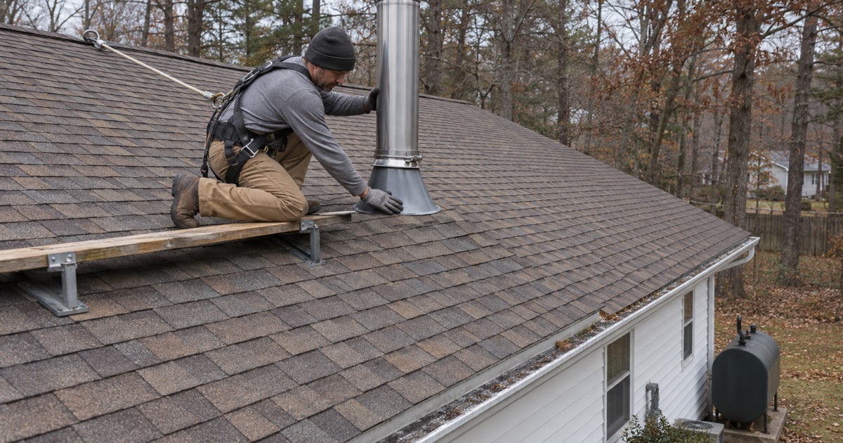 A roofer resetting the flashing around a working chimney pipe on a Laurel Lake house