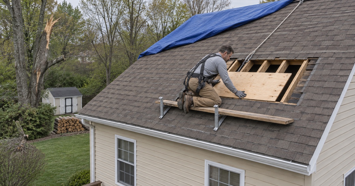 A new plywood sheet slid over the hole a storm-felled tree left in a Mantua roof, the tarp folded back up the slope.