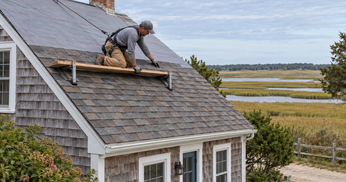 A re-roof on a small frame cottage on the Delaware Bay shore in Maurice River Township, flat salt marsh stretching away behind it.