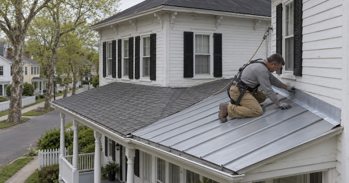 A standing-seam side porch roof meeting the clapboard wall of a 19th-century captain’s house in Mauricetown.