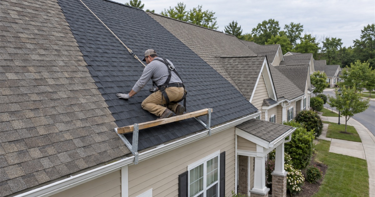 A new roof section on one attached home in Middle Township, finished cleanly at the neighbor’s line