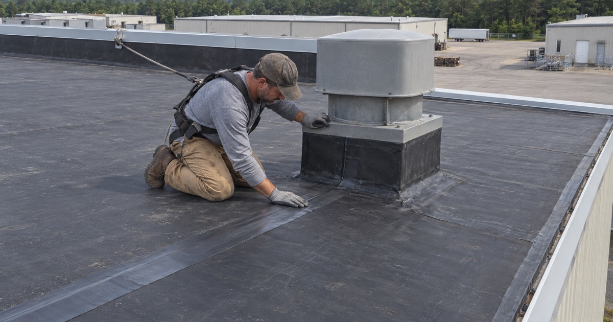 Seam tape pressed down on a black EPDM membrane roof over a warehouse in Millville’s airport commerce area.