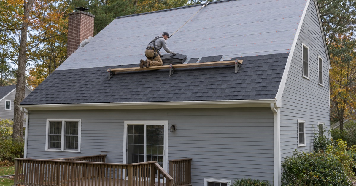 A roofer partway down the long rear slope of a 1980s saltbox colonial in Olivet’s Palatine Lake Village.