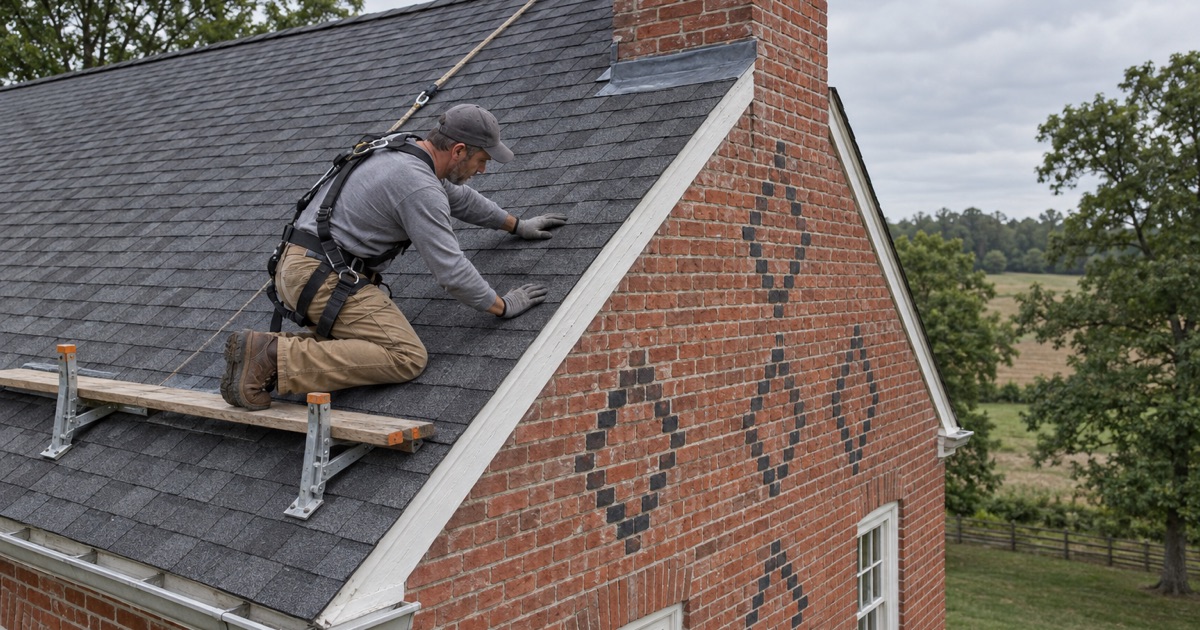 New shingles finished cleanly against the brick gable end of an 18th-century brick house in Pennsville.