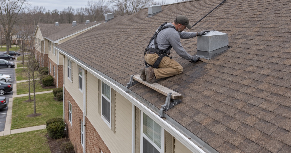 A roofer checking a roof vent above an occupied apartment on a 1970s garden apartment building in Pine Hill.