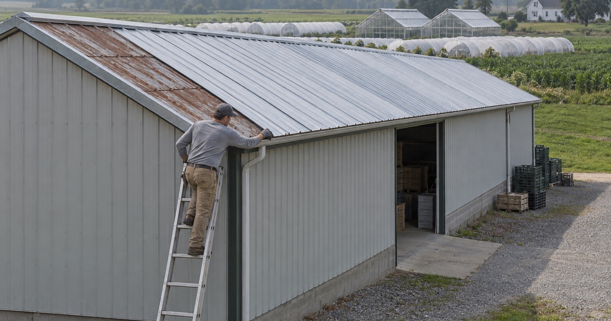 A roofer fastening ribbed steel panels on a farm pole barn in Upper Deerfield, greenhouses and open fields beyond.