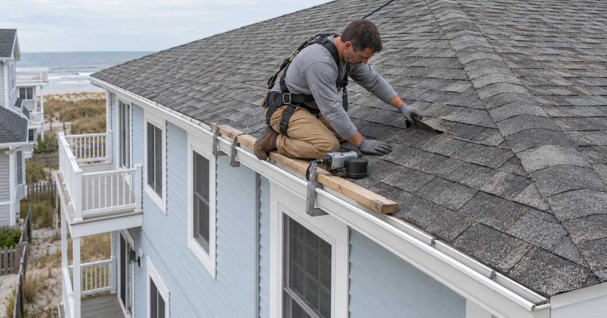 Shingles refastened for salt air and wind on a shore house in Upper Township