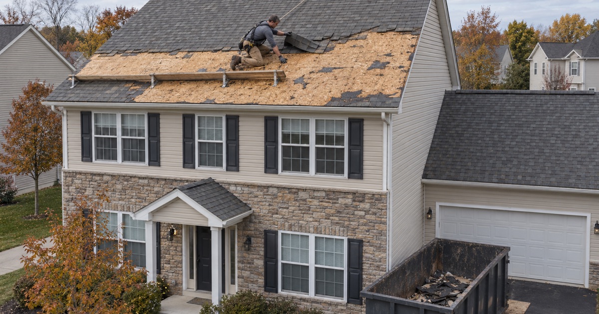 The original builder roof coming off a 2000s house in Woolwich, a single layer of shingles over a clean deck.