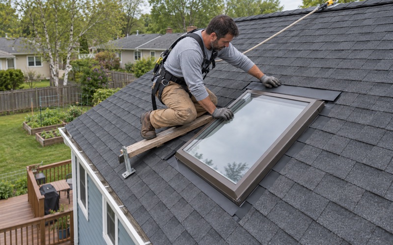 Step flashing woven up the sides of a new skylight on the rear slope of a Vineland ranch, the head flashing going in above it.