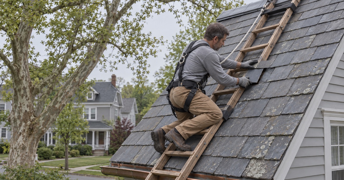A replacement slate slid into a gap from a roof ladder on the steep roof of a 1920s house on one of Vineland’s older streets.